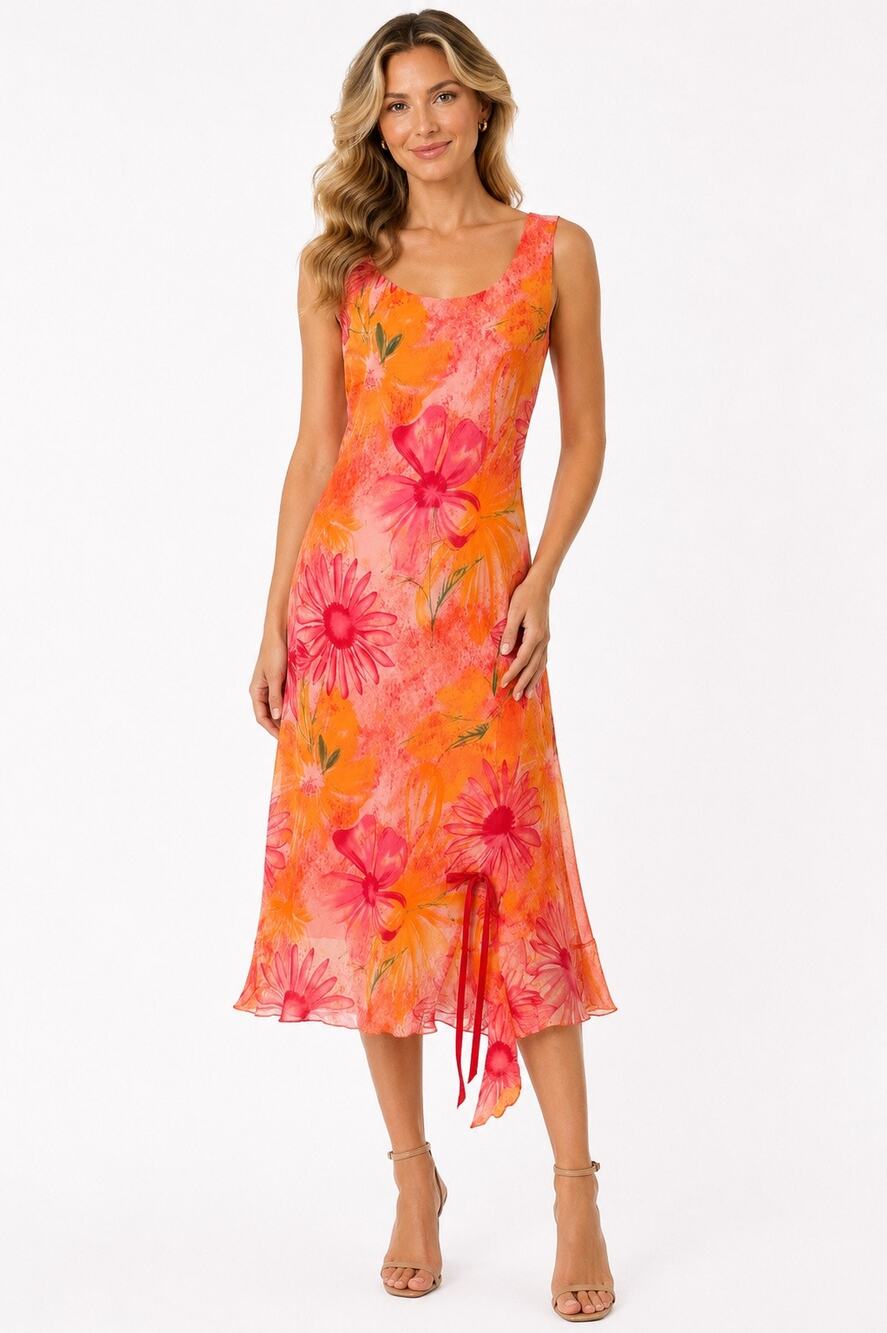 Vintage Y2K Pebble Brook Orange & Pink Tropical Floral Sleeveless Midi Dress